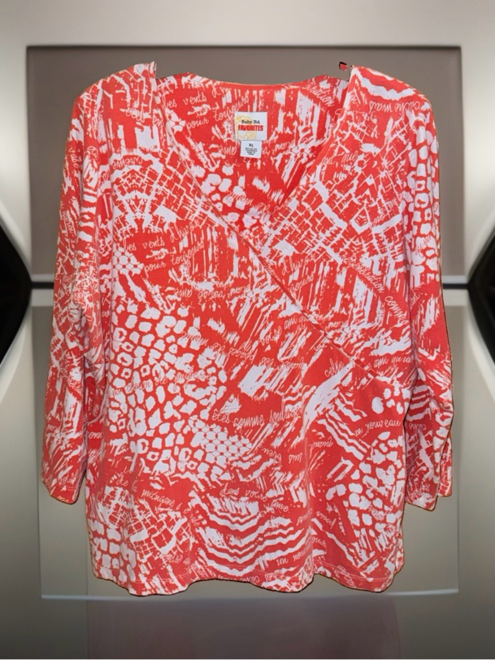 Ruby Rd. Coral & White Abstract Print V-Neck Blouse-XL-GC